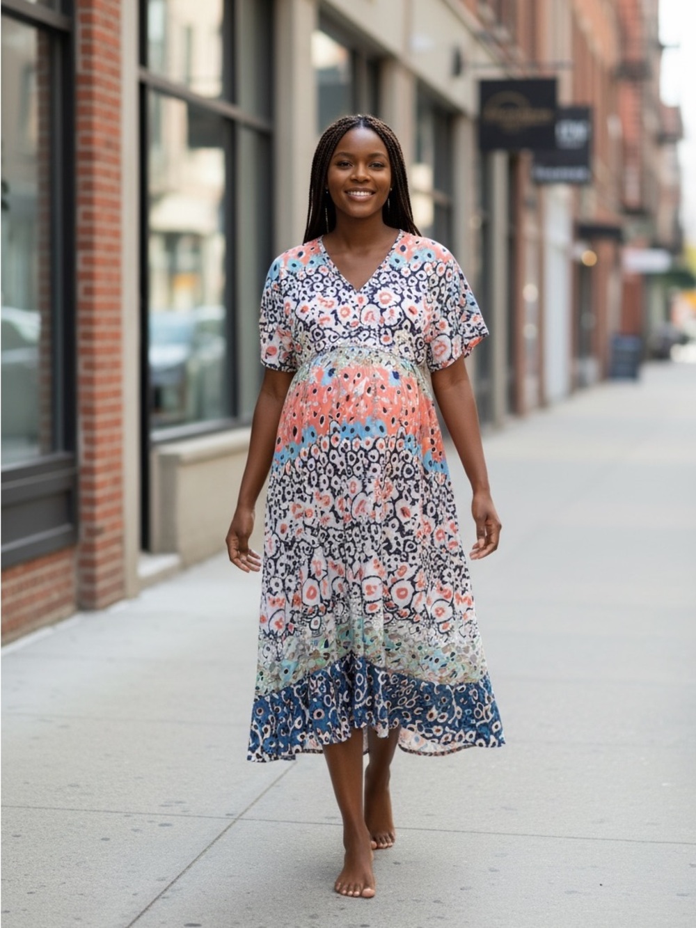 SHEIN Floral V-Neck Maternity Midi Dress in Coral & Blue Small